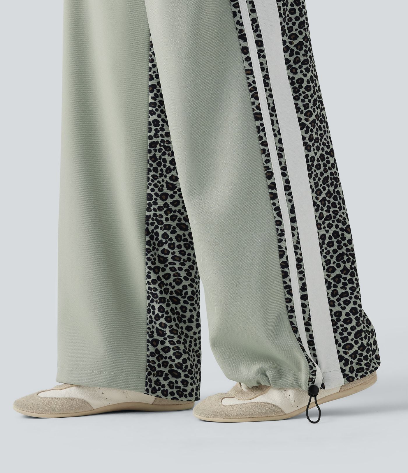 Pantalon ample décontracté taille mi-haute avec cordon de serrage color block rayures léopard contrastant avec poches