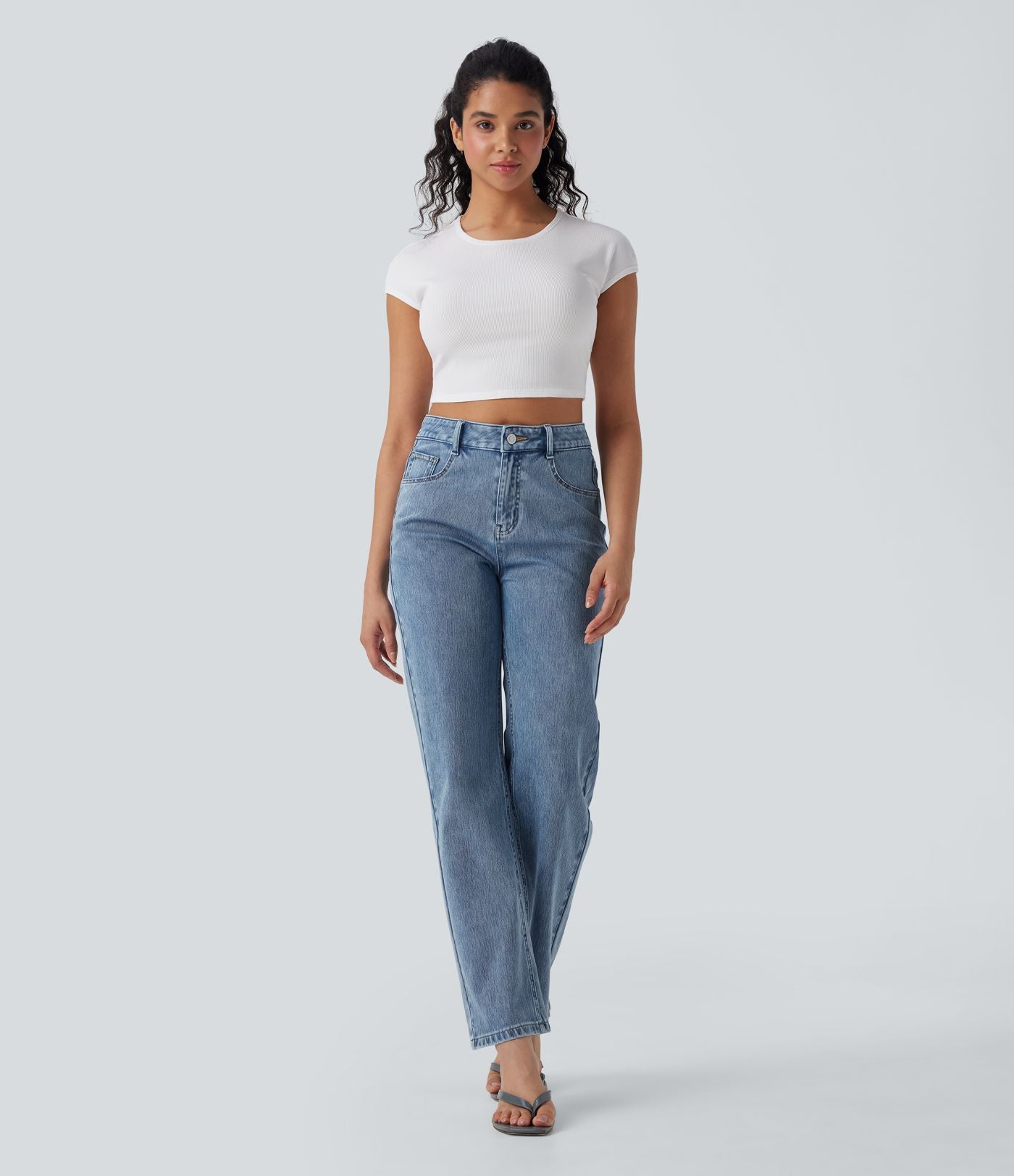 Halara Flex™ Jean droit extensible à taille haute avec bouton, fermeture éclair et poches multiples