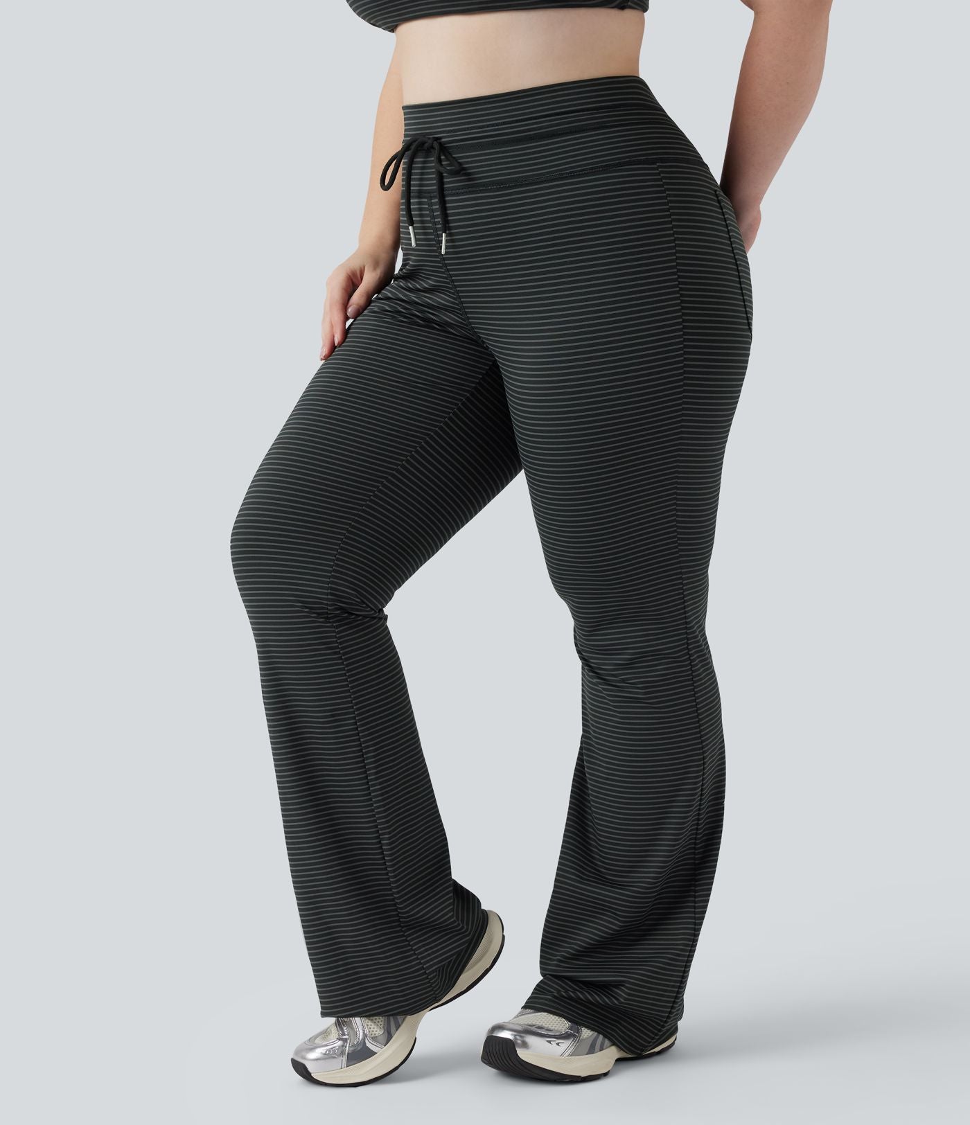 Pantalon de yoga grande taille ample taille haute à cordon, rayé, avec poches