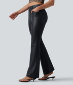 Pantalon casual bootcut taille haute en PU extensible avec poches