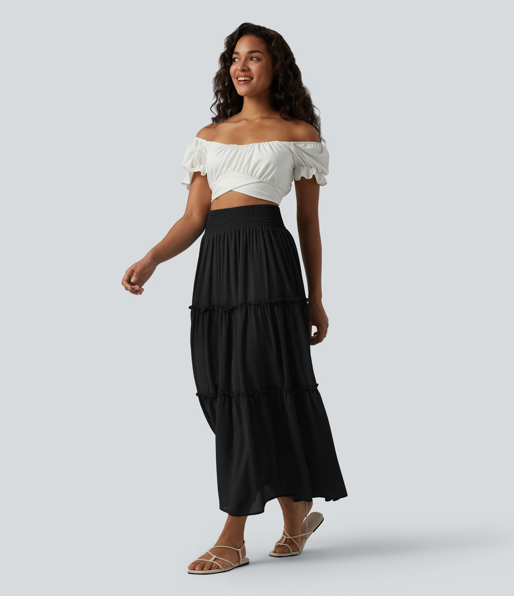 Jupe casual mi-longue à volants étagés et fronces taille haute