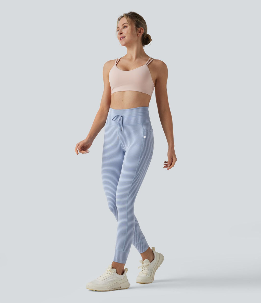 Legging de yoga rayé taille haute avec cordon de serrage et poches