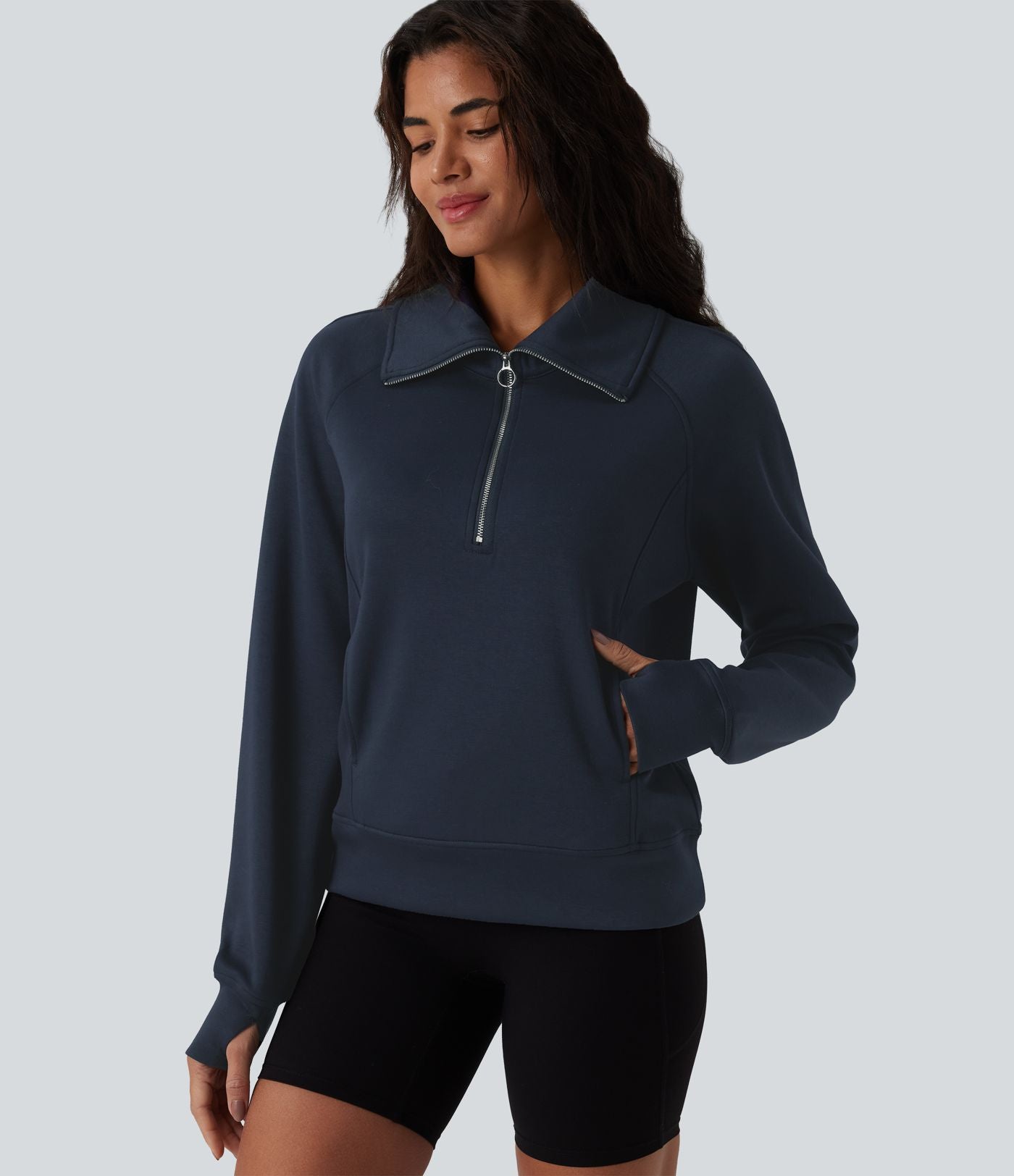 Sweat-shirt décontracté col revers demi-zip manches longues avec trous pour pouces et poches