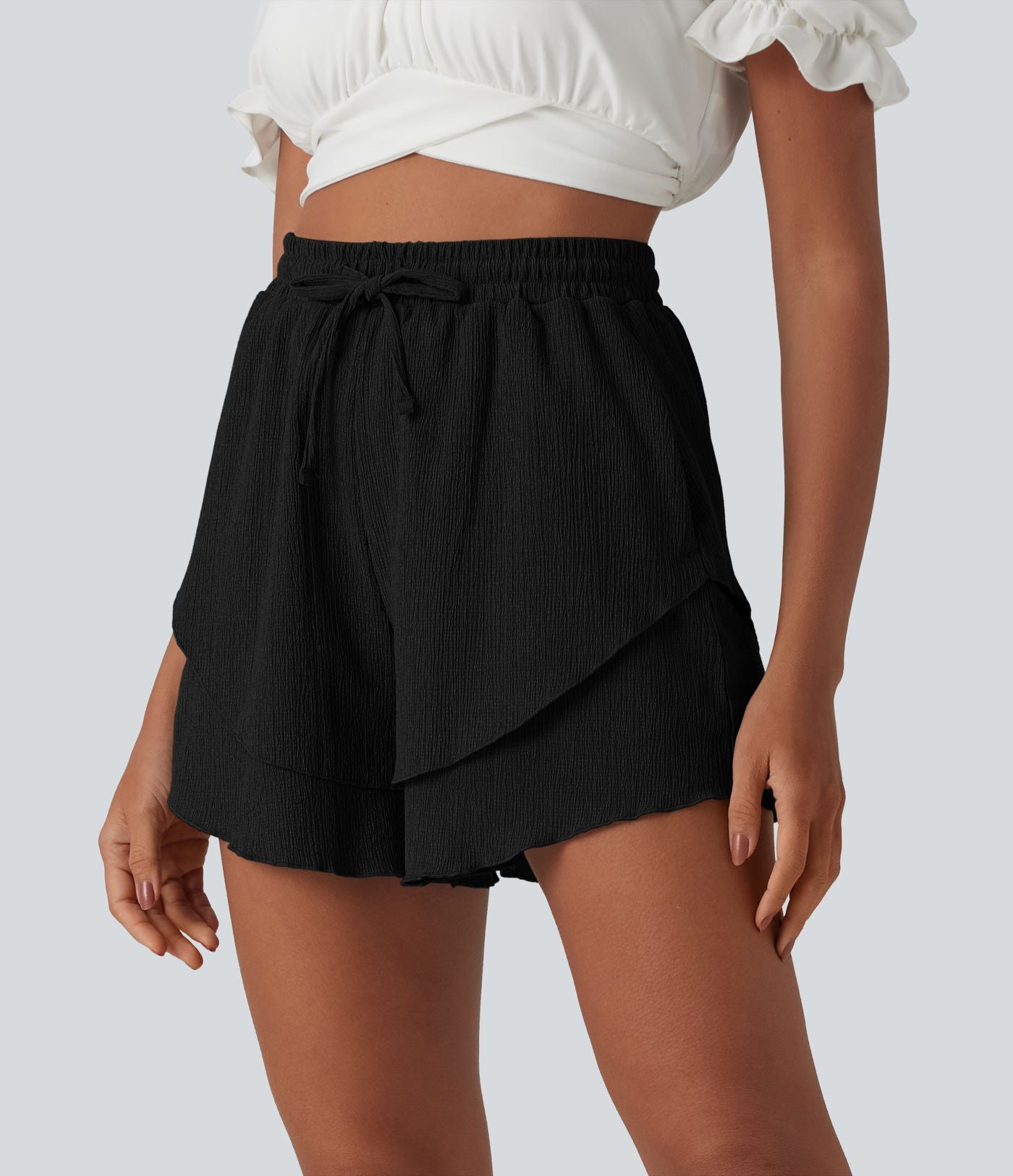 Short taille haute 12,5 cm à cordon de serrage et ourlet volants superposés avec poches