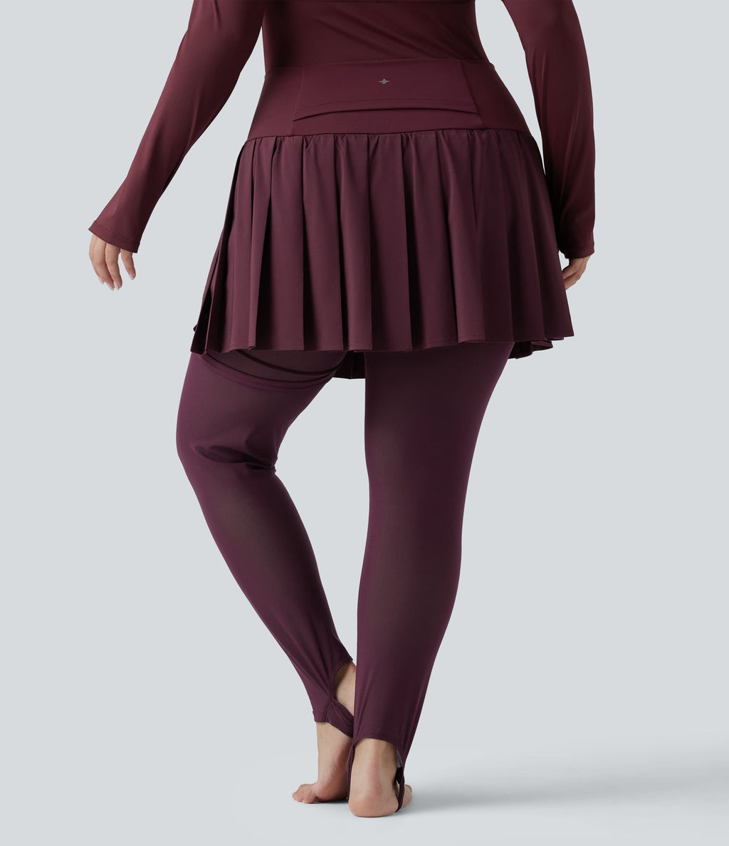 Legging-jupe grande taille à étriers de danse avec mesh contrastant plissé taille haute séchage rapide Breezeful™ et poches