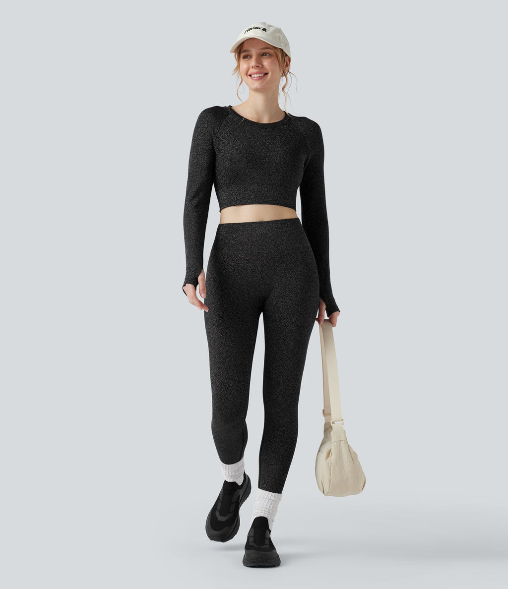 Crop top OneForm Seamless Flow, manches longues, col rond, effet sparkle avec passe-pouces