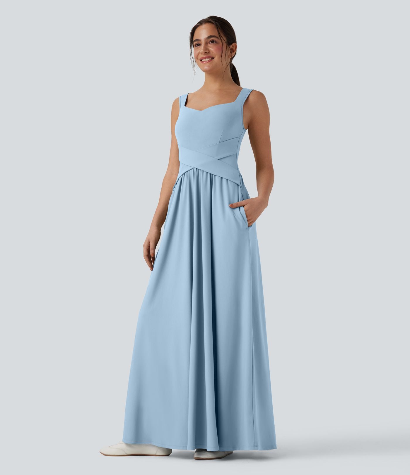 Robe maxi fluide dos nu, avec brassière intégrée et poches