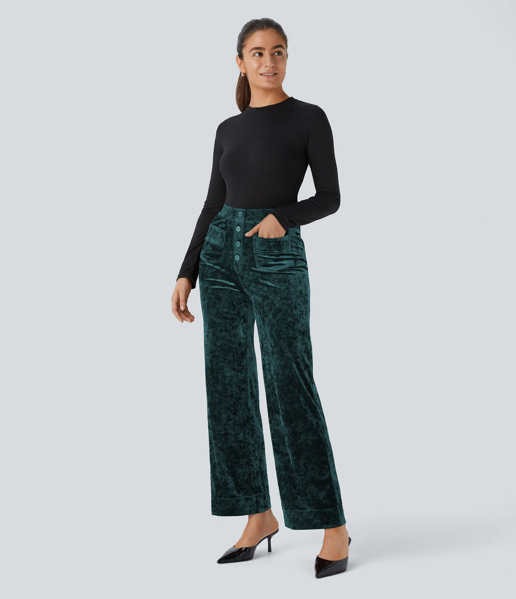 Pantalon en Velours Taille Haute avec Bouton Multipoches Droites