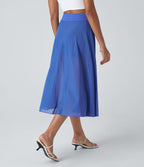 Jupe Casual Évasée Mesh Mi-Longue Fuide 2 en 1 Contrastée Taille Haute Cordon Poche Latérale