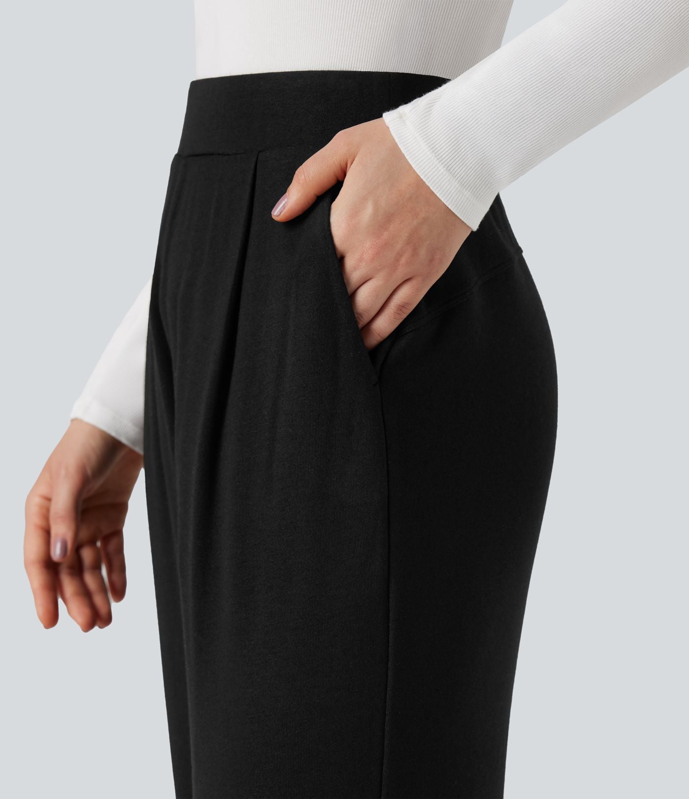 Pantalon taille haute large thermique confortable avec poches