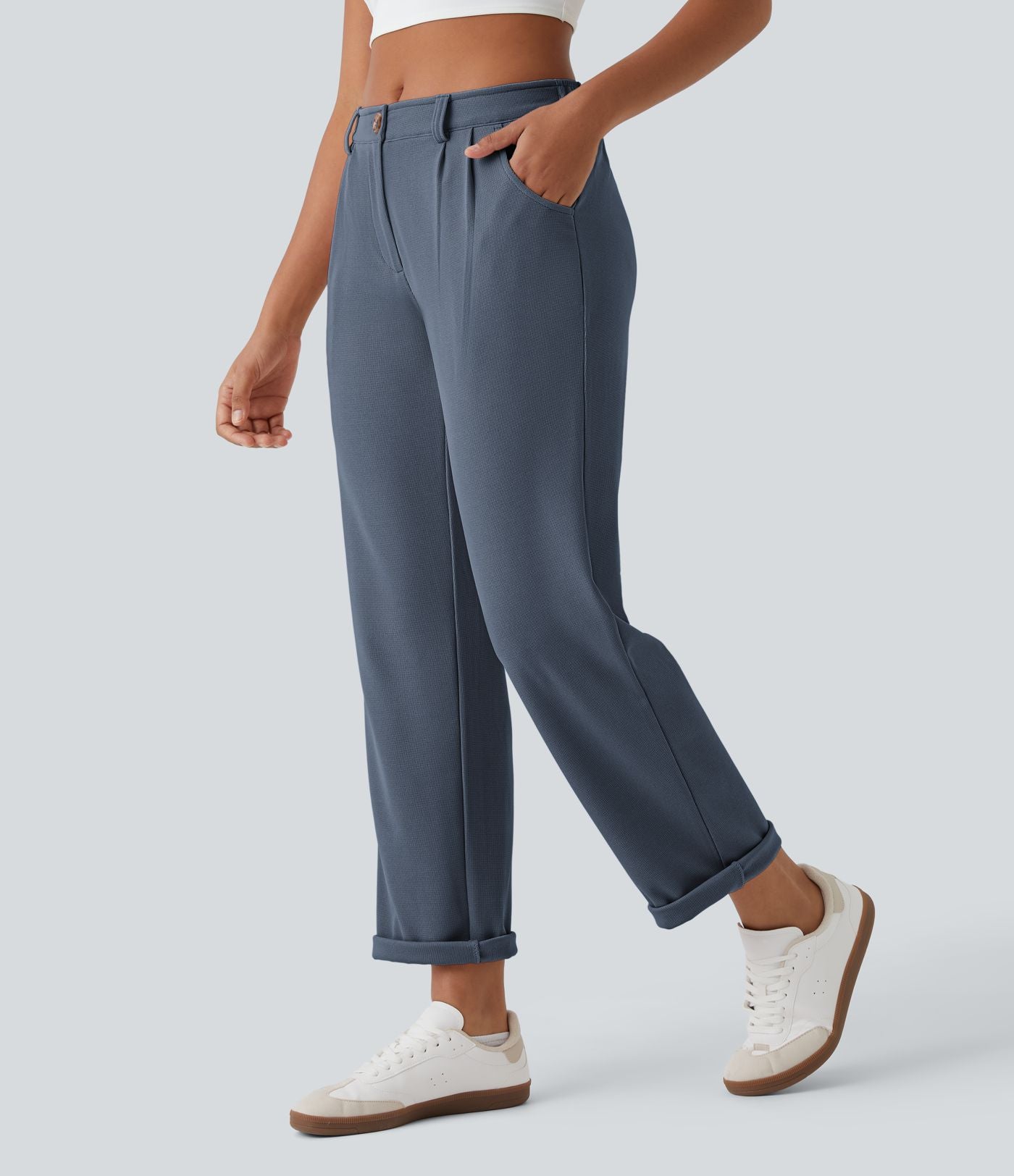 Pantalon casual taille mi-haute en maille gaufrée avec poche zippée
