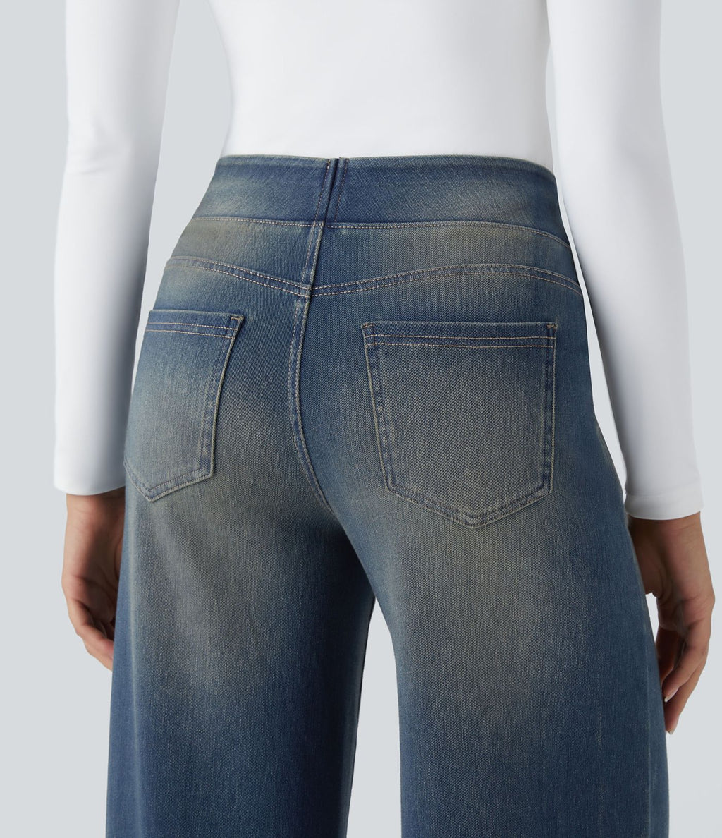 Halara Flex™ Jean Large Casual Taille Haute Poches Multiples Tricot Extensible Délavé