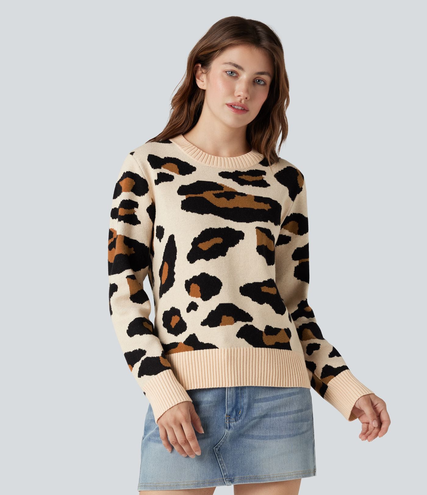 Pull col rond manches longues imprimé léopard
