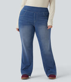 Jean décontracté Halara Flex™ grande taille bootcut taille haute en maille extensible délavée avec multiples poches