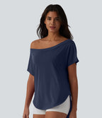 Top de sport yoga asymétrique à épaule dénudée manches courtes ourlet arrondi et coupe asymétrique à séchage rapide – Soutien-gorge intégré