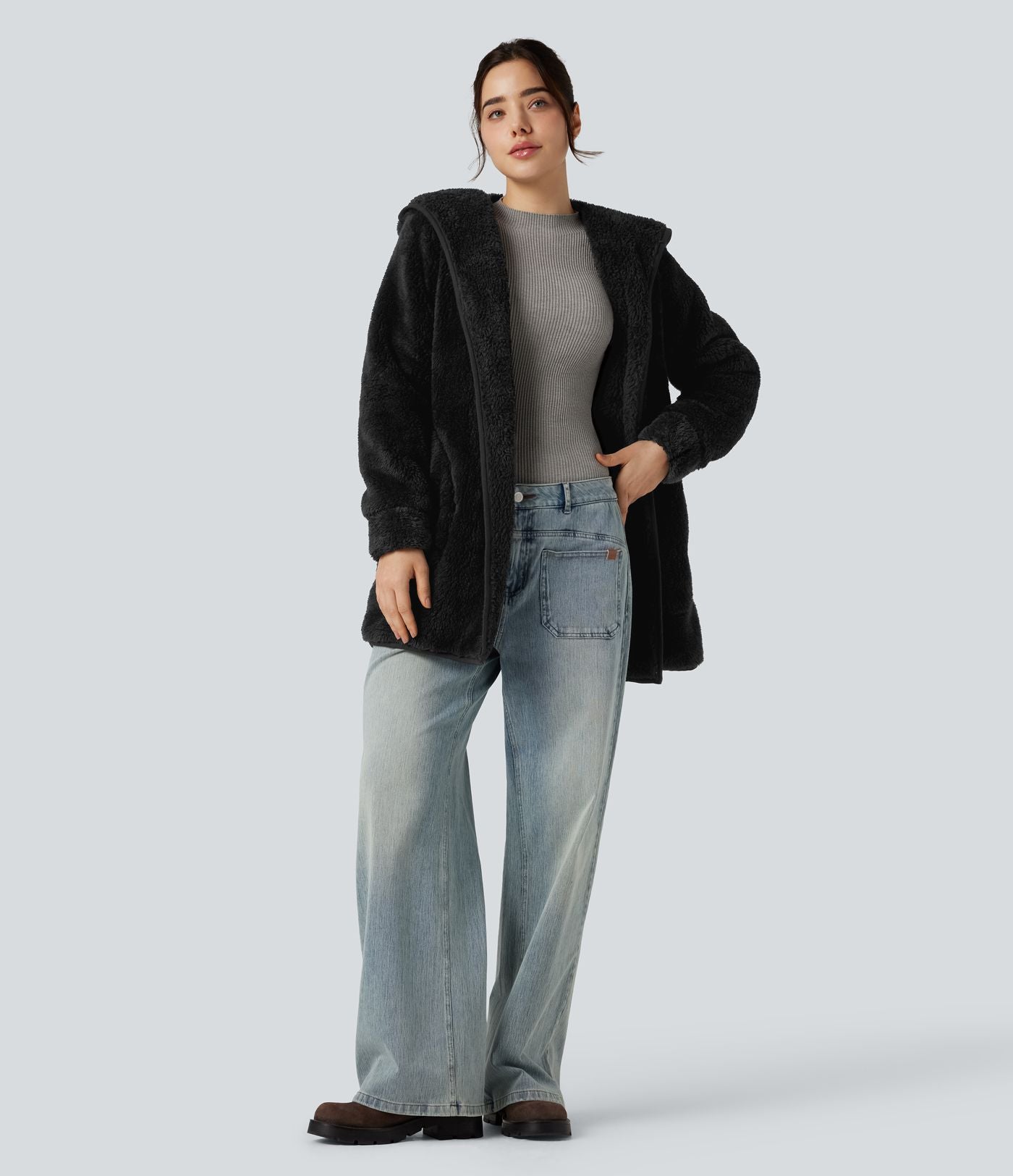 Manteau teddy à capuche manches longues avec poches
