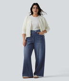 Jean large Halara Flex™ ample casual délavé taille haute asymétrique grande taille avec poches