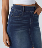 Halara Flex™ Jupe en Jean Casual Mi-Longue Délavé Extensible Plusieurs Poches Taille Haute