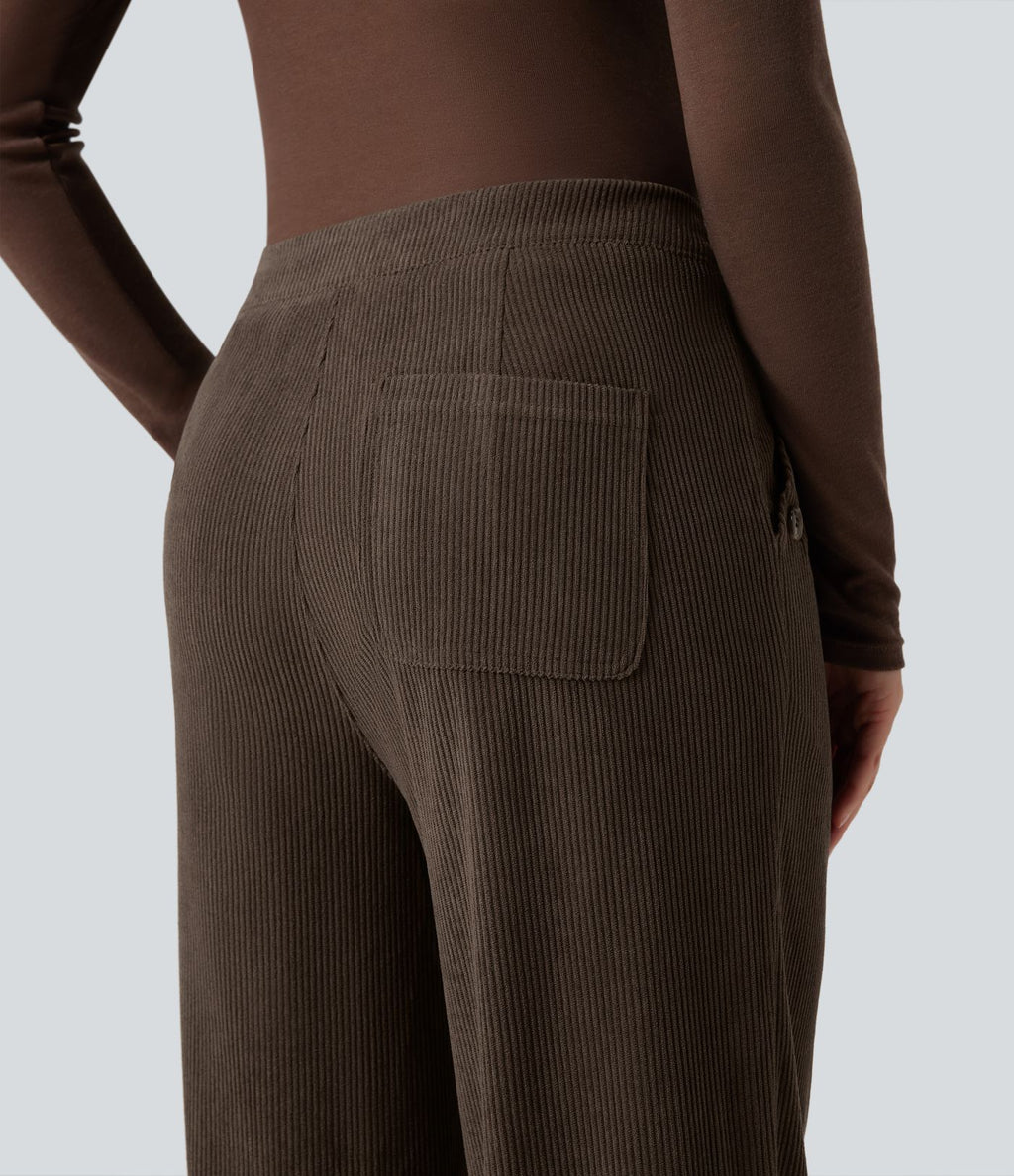 Pantalon décontracté droit en velours côtelé, taille haute, avec poches