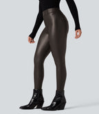 Pantalon polaire simili cuir extensible taille haute avec poches