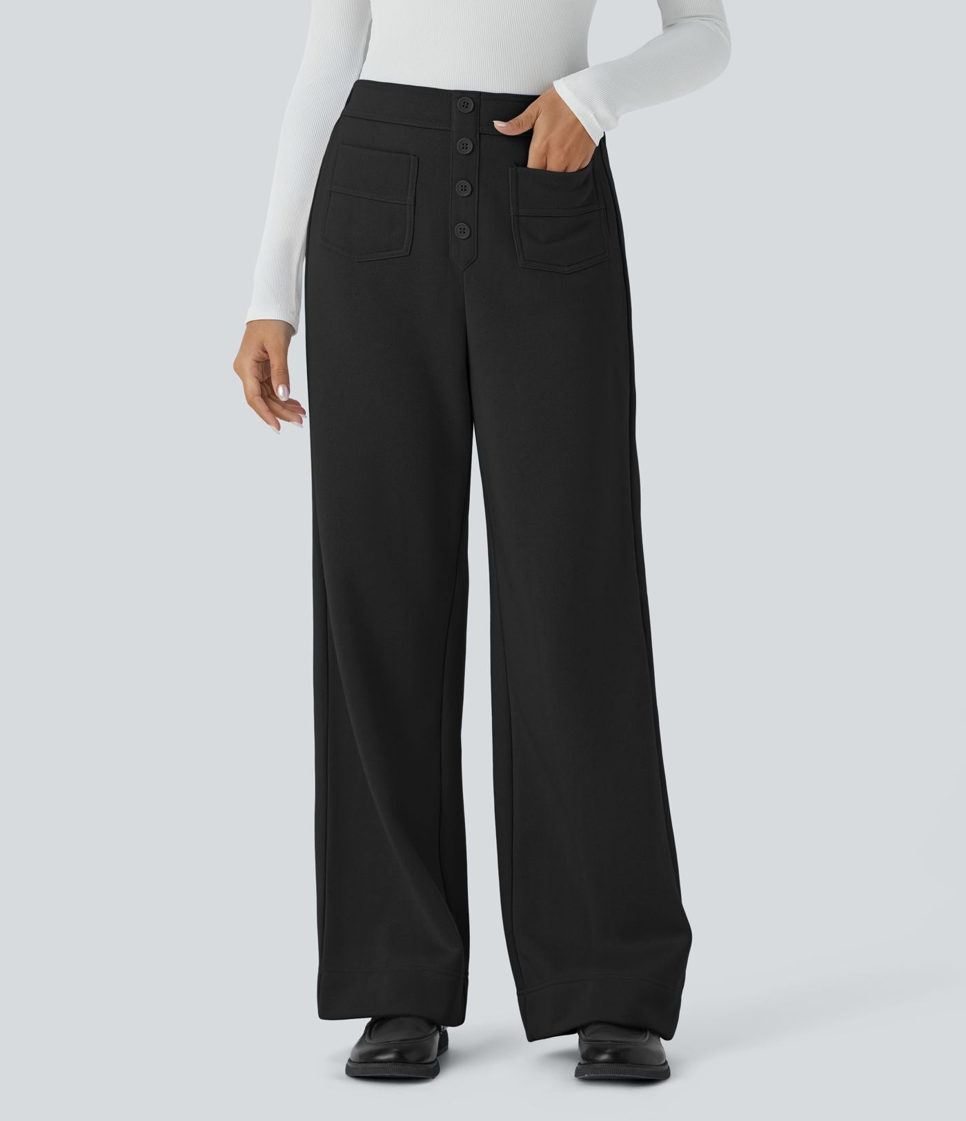 Pantalon Jogging en Fleece Thermique Jambe Droite Boutons Taille Haute Plusieurs Poches