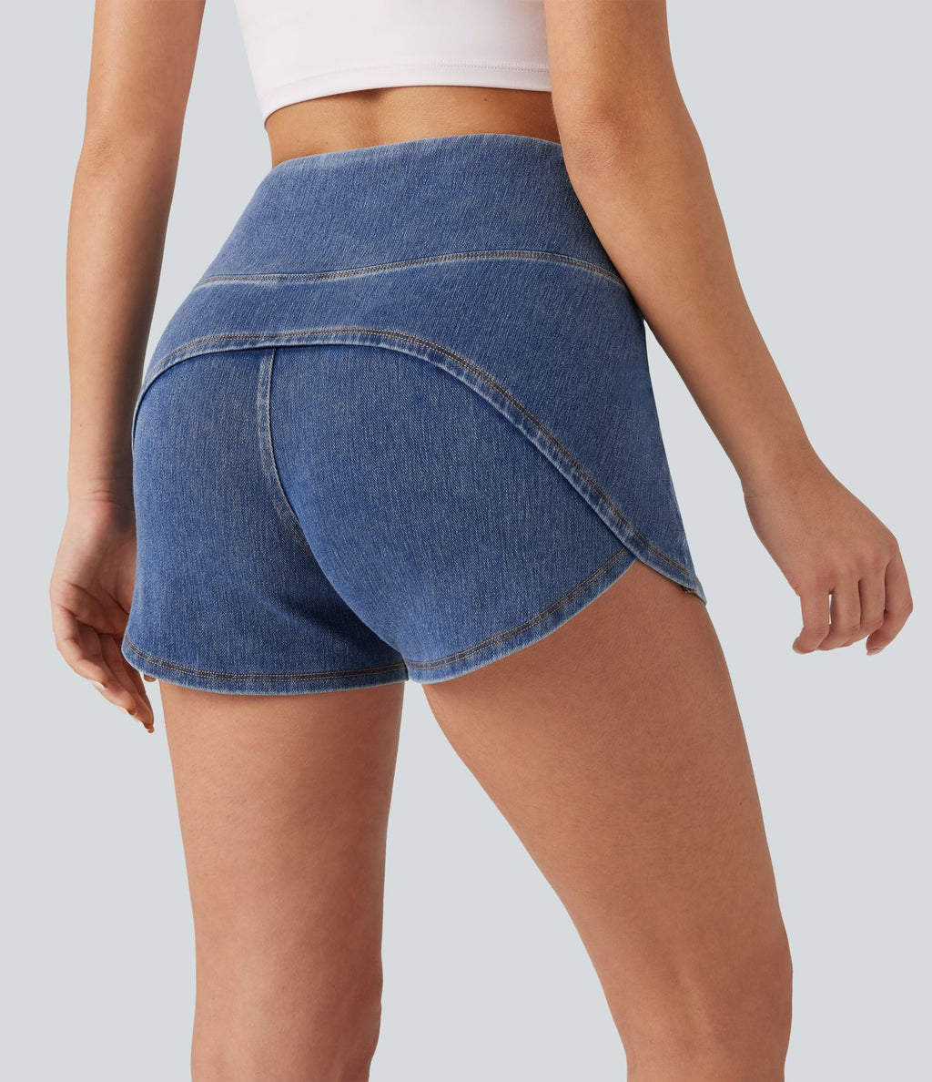 Halara Flex™ Short casual en jean skinny gainant taille haute à ourlet arrondi avec poches