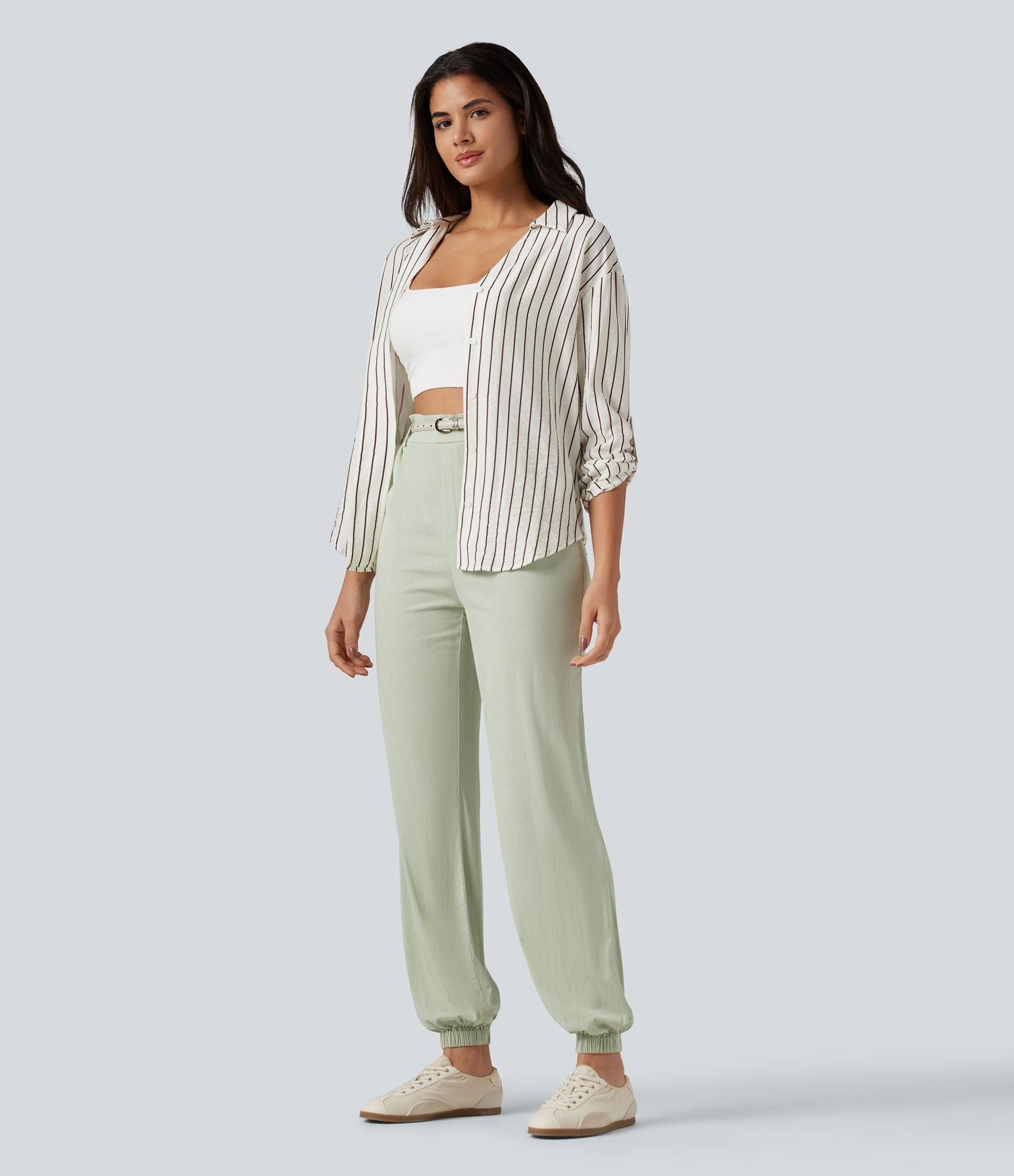 Pantalon jogging en lin stretch taille haute avec poches