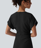 Robe longue tailleur évasée col V à manches courtes avec fermeture éclair invisible et drapé froncé