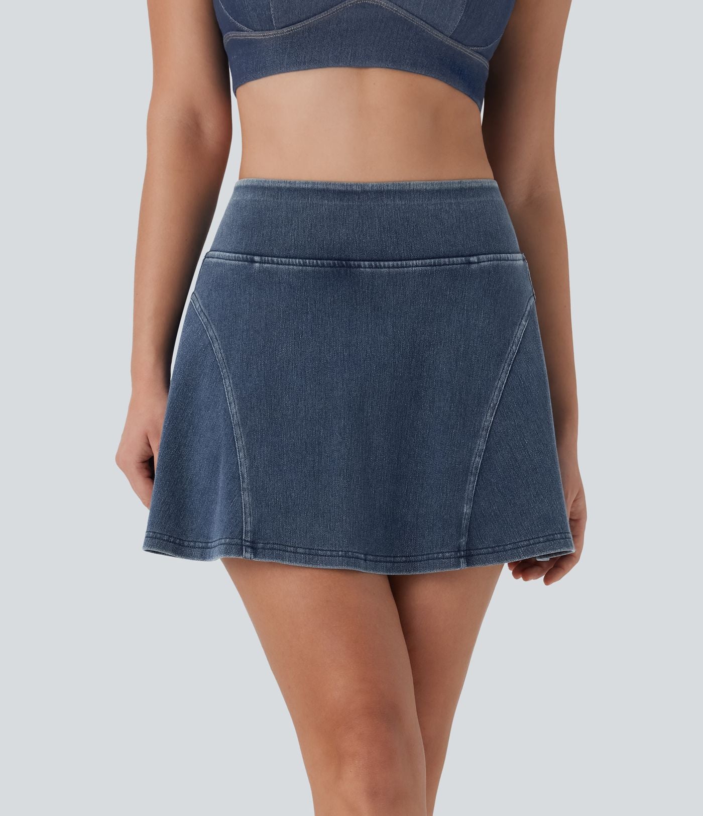 Mini-jupe décontractée Halara Flex™ évasée 2-en-1 taille haute en denim stretch lavé avec poches