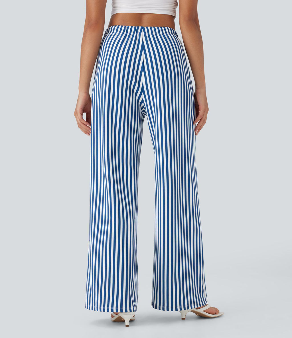 Pantalon de vacances jambes larges taille haute en tissu gaufré à rayures avec cordon de serrage et poches