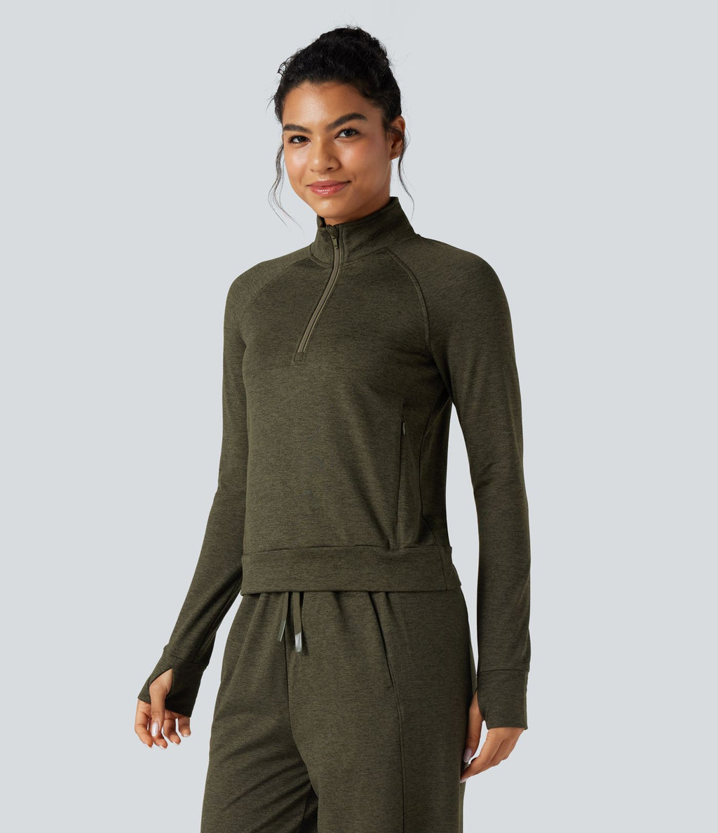Sweat-shirt polaire thermique chiné séchage rapide demi-zip avec trous pouces et poches - UPF40+