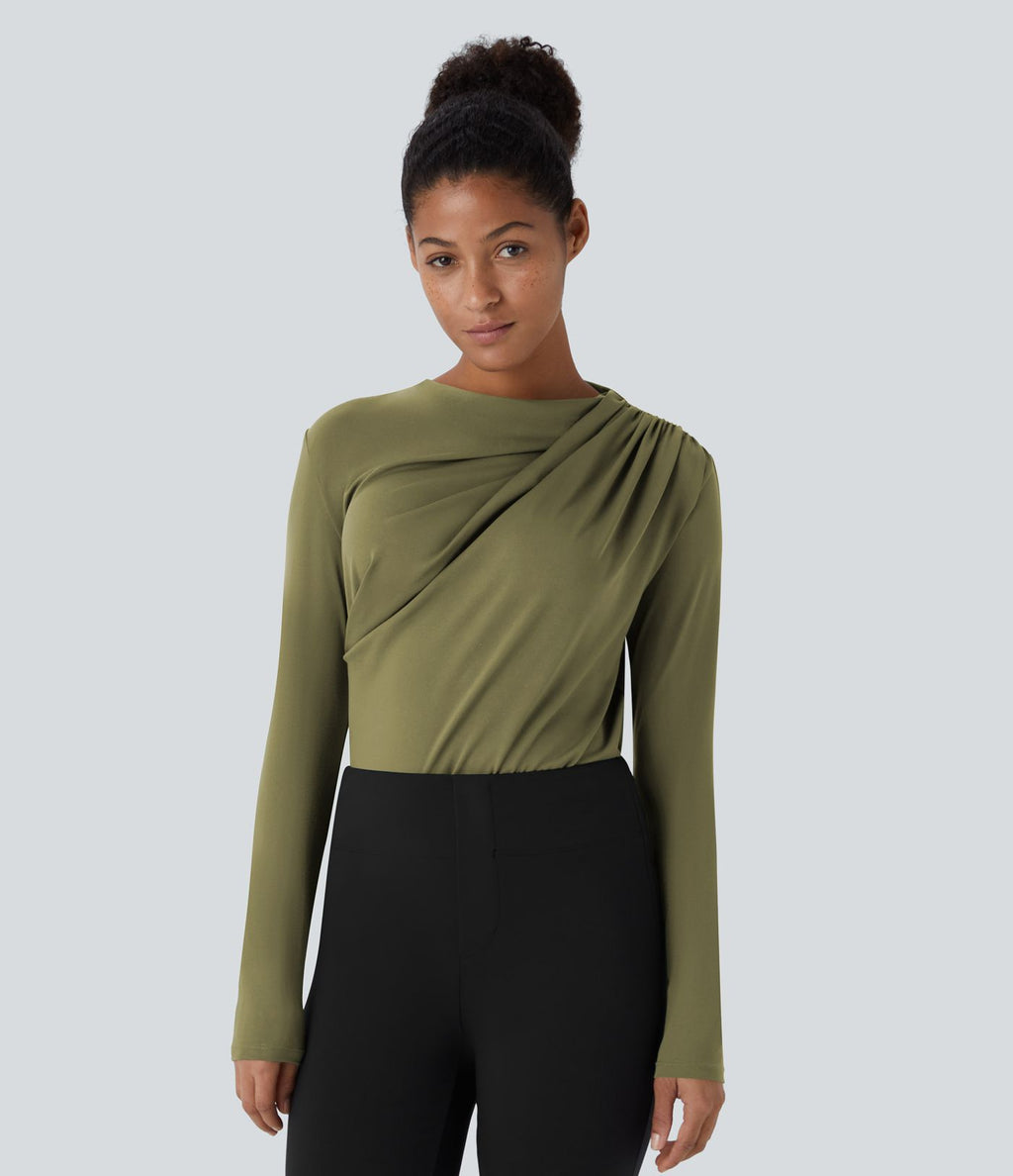 Cowl Neck Ruched Long Sleeve Slim Work Top