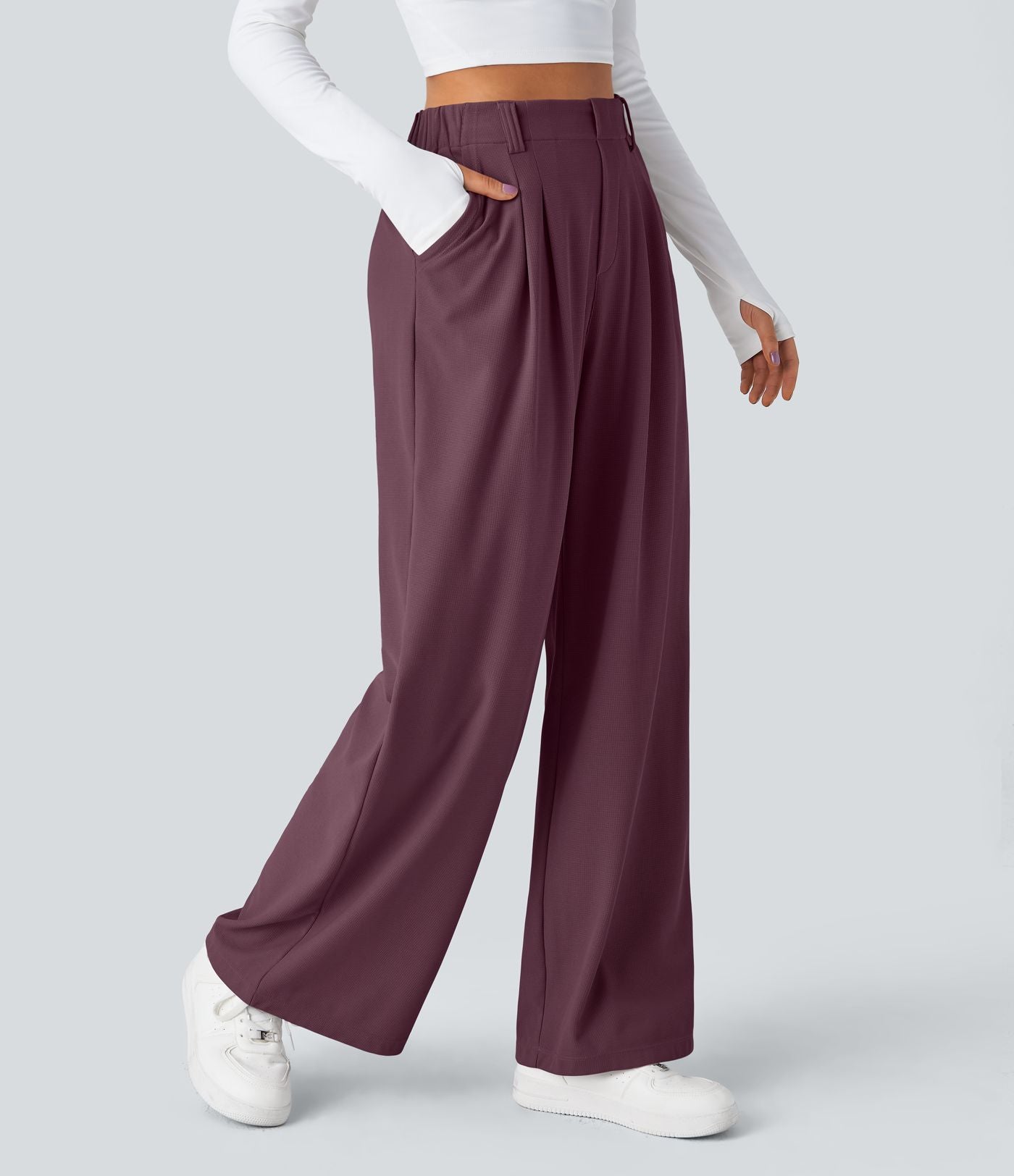 Halara Flex™ Pantalon Tailleur Large Fluide Gaufré Taille Haute Poches Latérales