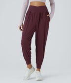 Jogging de Yoga à Taille Haute, Croisé Devant, Plis, Poches Latérales, en Tissu Gaufré