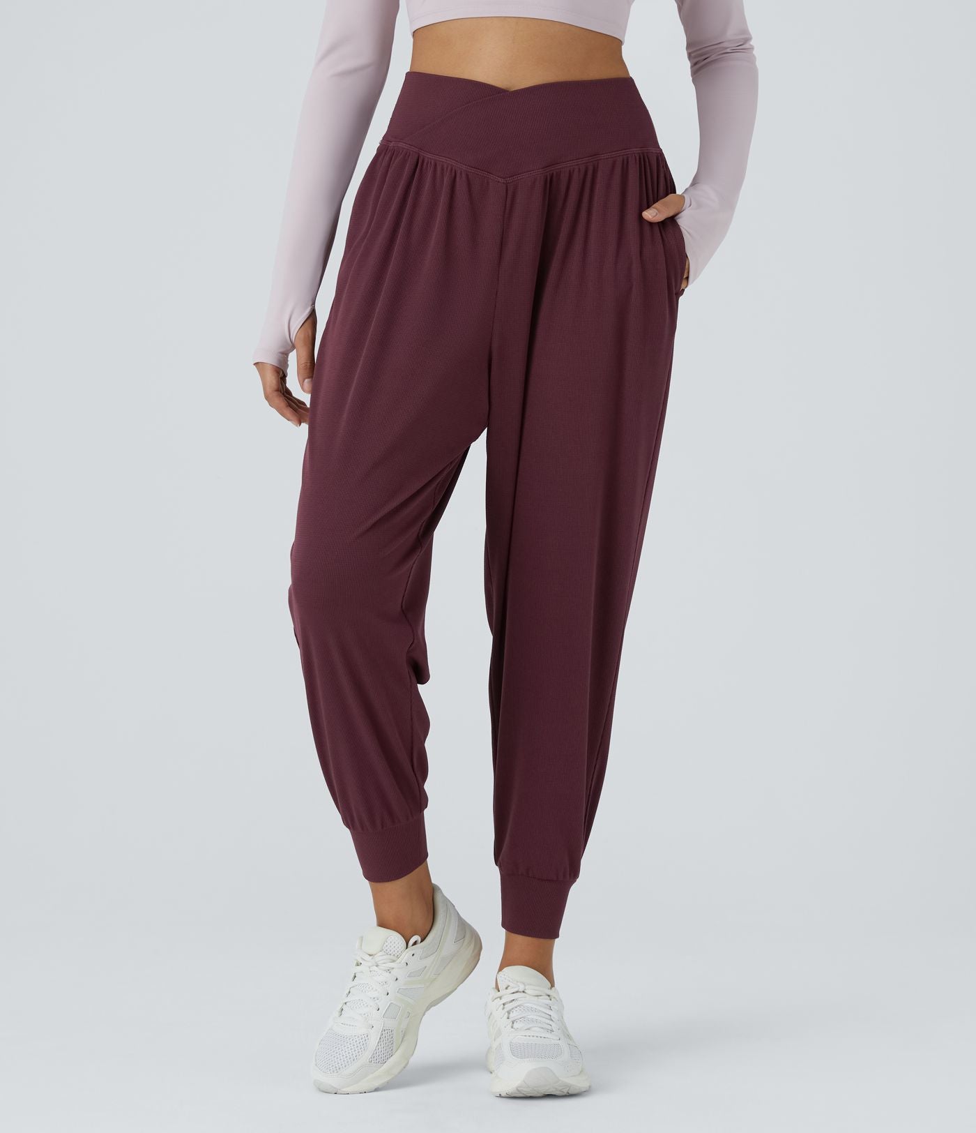 Jogging de Yoga à Taille Haute, Croisé Devant, Plis, Poches Latérales, en Tissu Gaufré