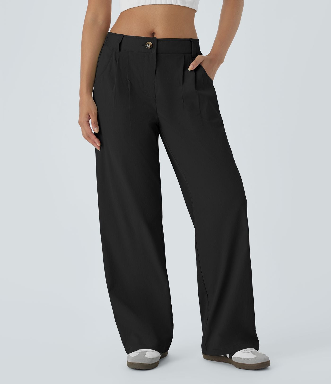 Pantalon décontracté droit taille moyenne à bouton, fermeture éclair et poches latérales