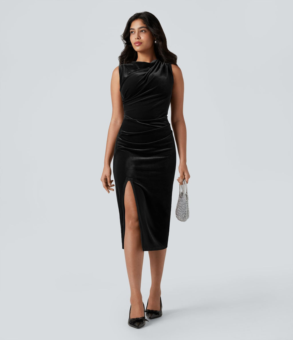 Robe mi-longue moulante velours col drapé sans manches fendue froncée