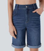 Bermuda décontracté en jean extensible délavé Halara Flex™ taille haute avec revers et multiples poches