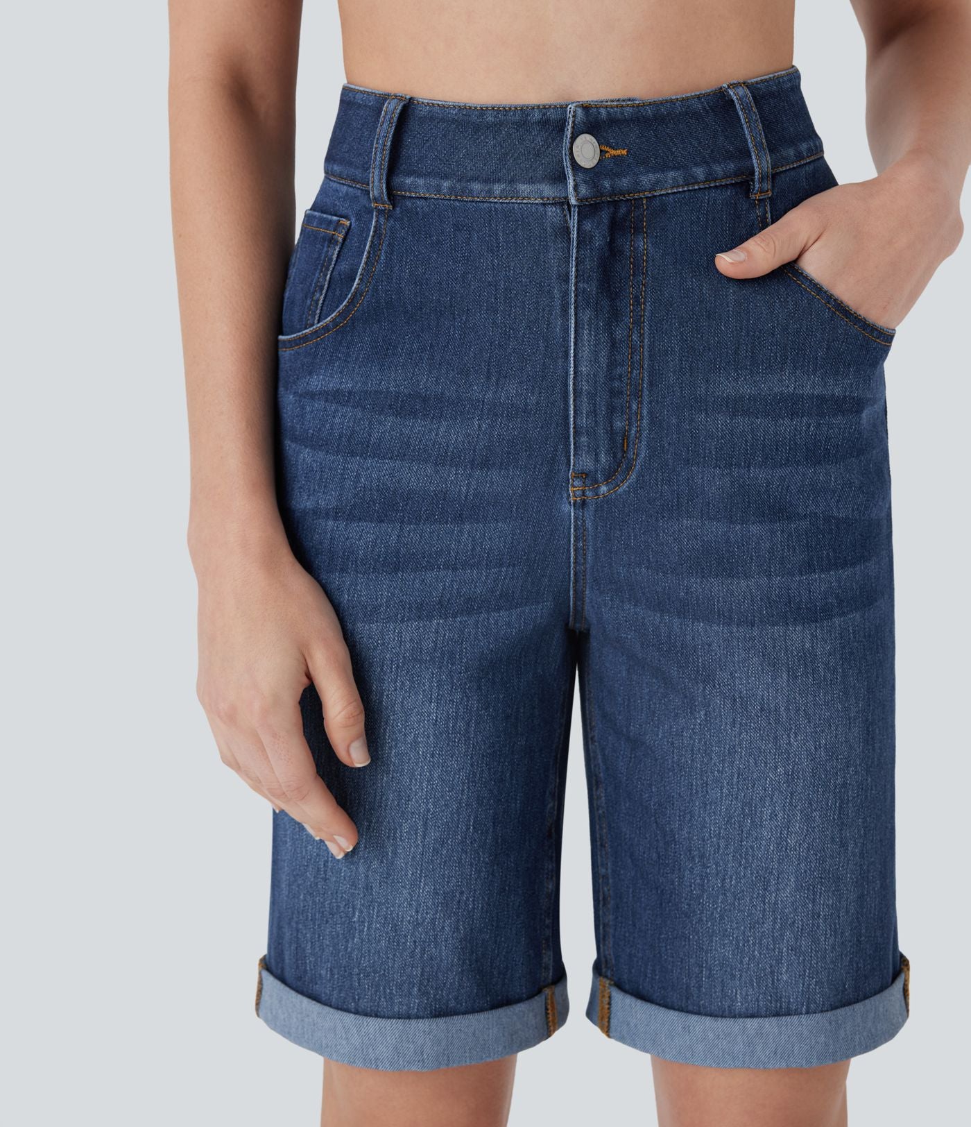 Bermuda décontracté en jean extensible délavé Halara Flex™ taille haute avec revers et multiples poches