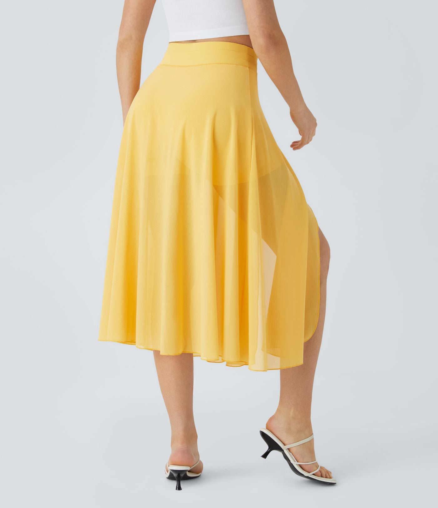 Jupe Casual Évasée Mesh Mi-Longue Fuide 2 en 1 Contrastée Taille Haute Cordon Poche Latérale