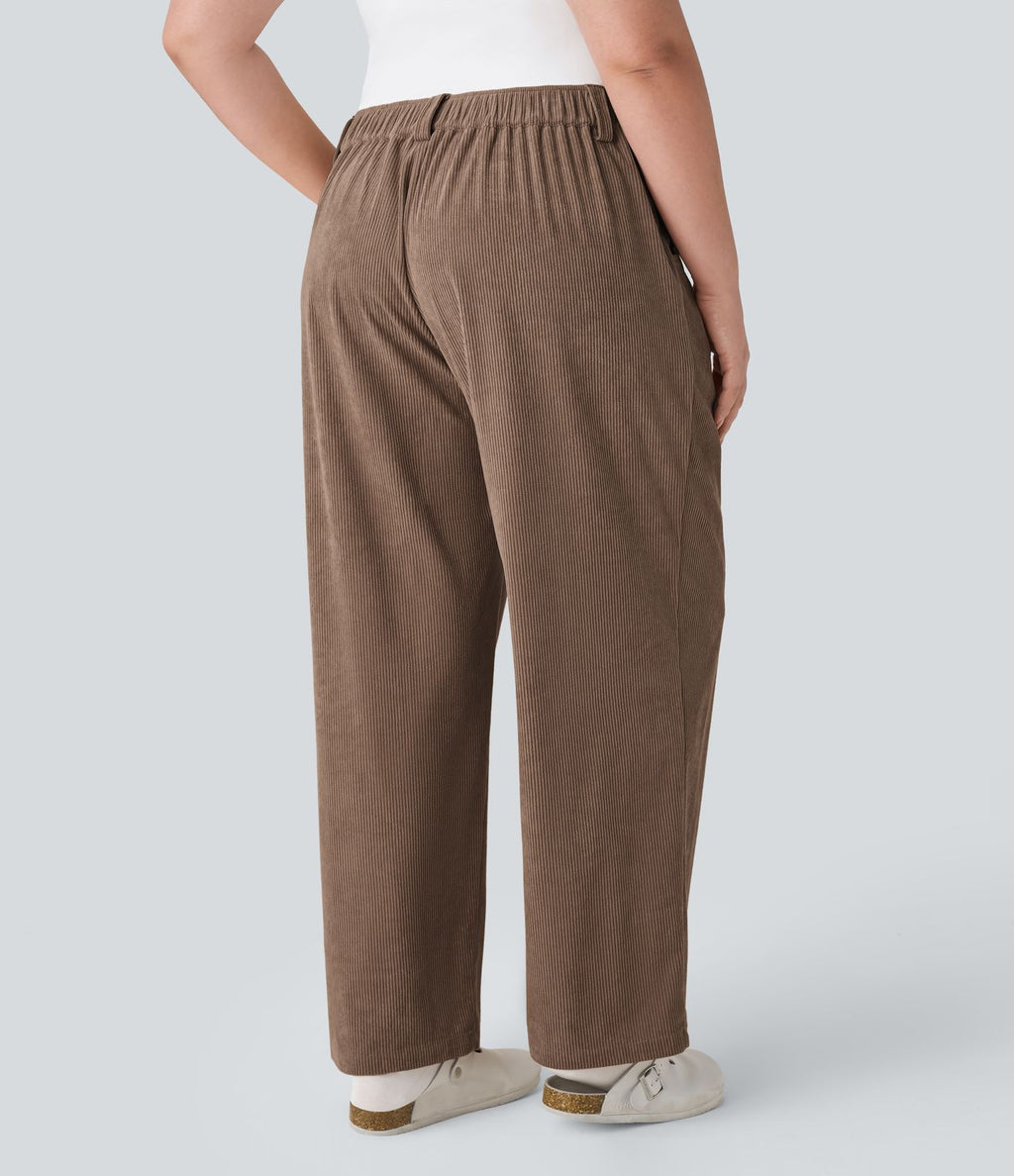 Pantalon Casual Grande Taille Velours Côtelé Taille Mi-haute Boutonnés Fermeture Éclair Poches Latérales