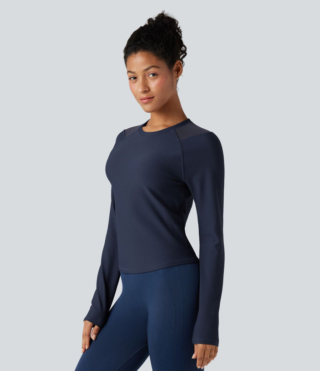 Top de sport yoga col rond manches raglan longues mesh contrastant