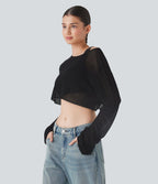 Pull décontracté transparent crop top encolure arrondie avec manches volantées