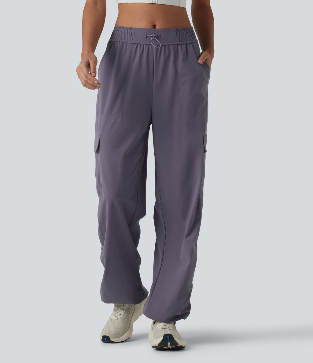 Jogging cargo de course taille mi-haute ajustable avec cordon de serrage, froncé, séchage rapide et poches