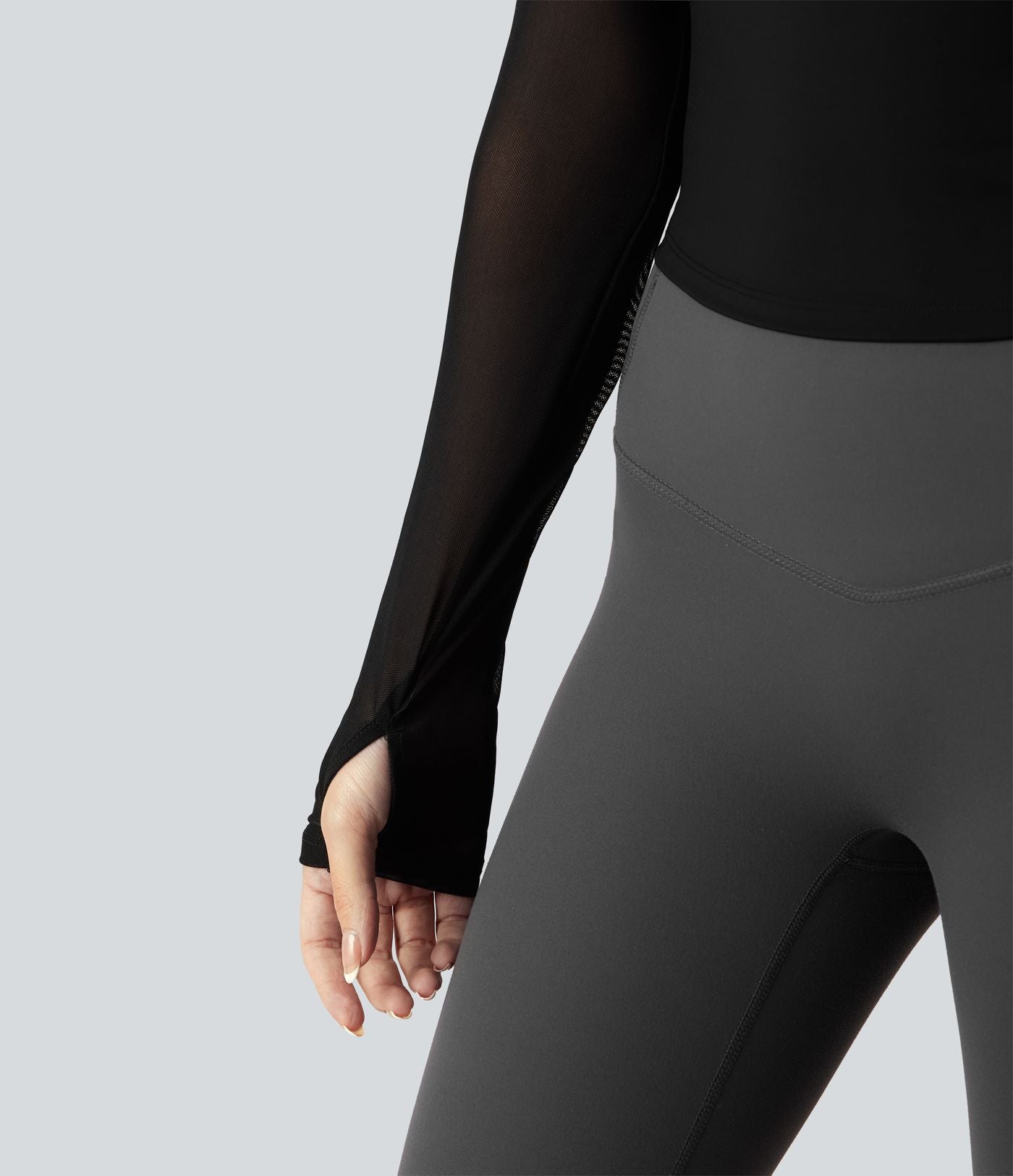 Haut de sport yoga 2-en-1 dos nu col américain à manches longues avec passants pouces et mesh contrastant - Longueur allongée