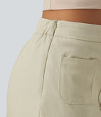 Jupe mini casual 2-en-1 moulante taille haute effet denim avec fermeture éclair invisible et poches