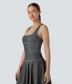 Body de tennis Halara Flex™ en denim stretch délavé à col carré, dos nageur et effet frais InstantCool
