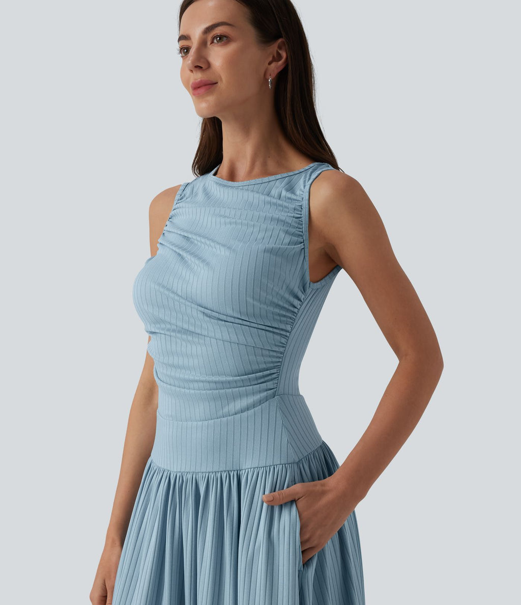 Robe longue fluide casual col bateau à bretelles asymétriques et fronces en maille côtelée avec poches