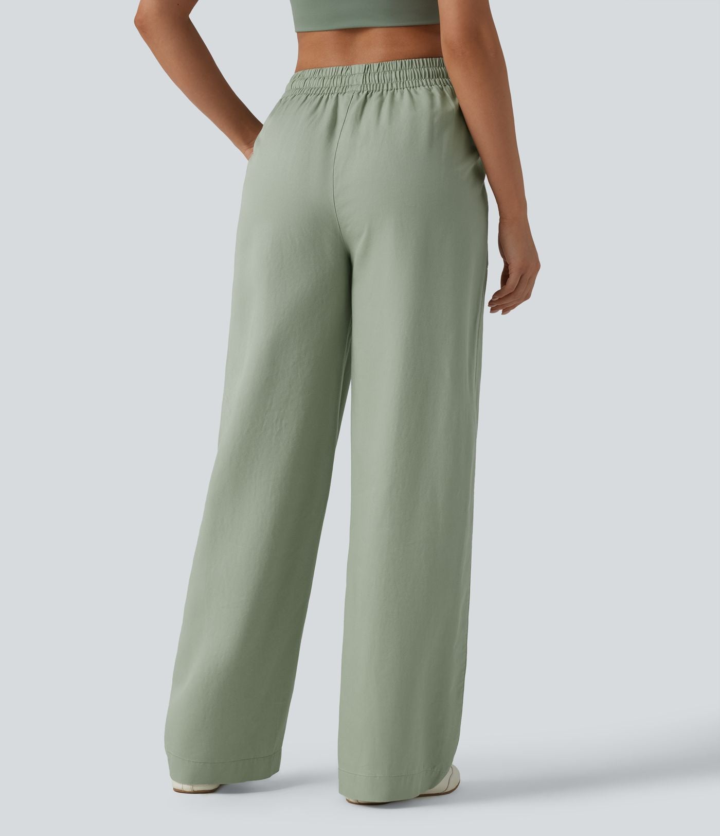 Pantalon large fluide décontracté taille haute en lyocell et lin mélangé avec cordon de serrage intérieur et poches