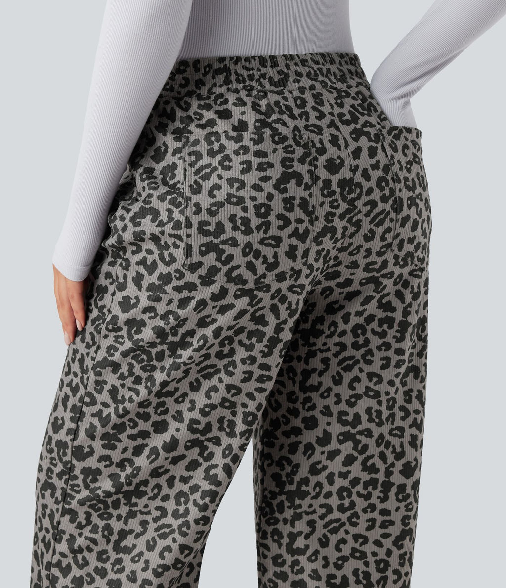 Pantalon léopard ample décontracté velours côtelé imprimé taille haute avec poches